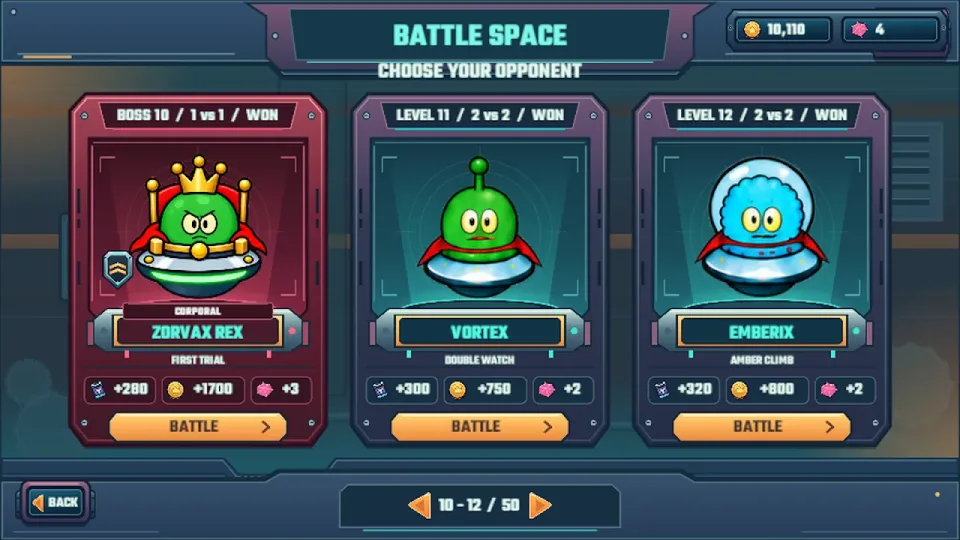 Zimblops alien opponents and battle selection